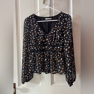 Chic Black Blouse with White and Brown Dots